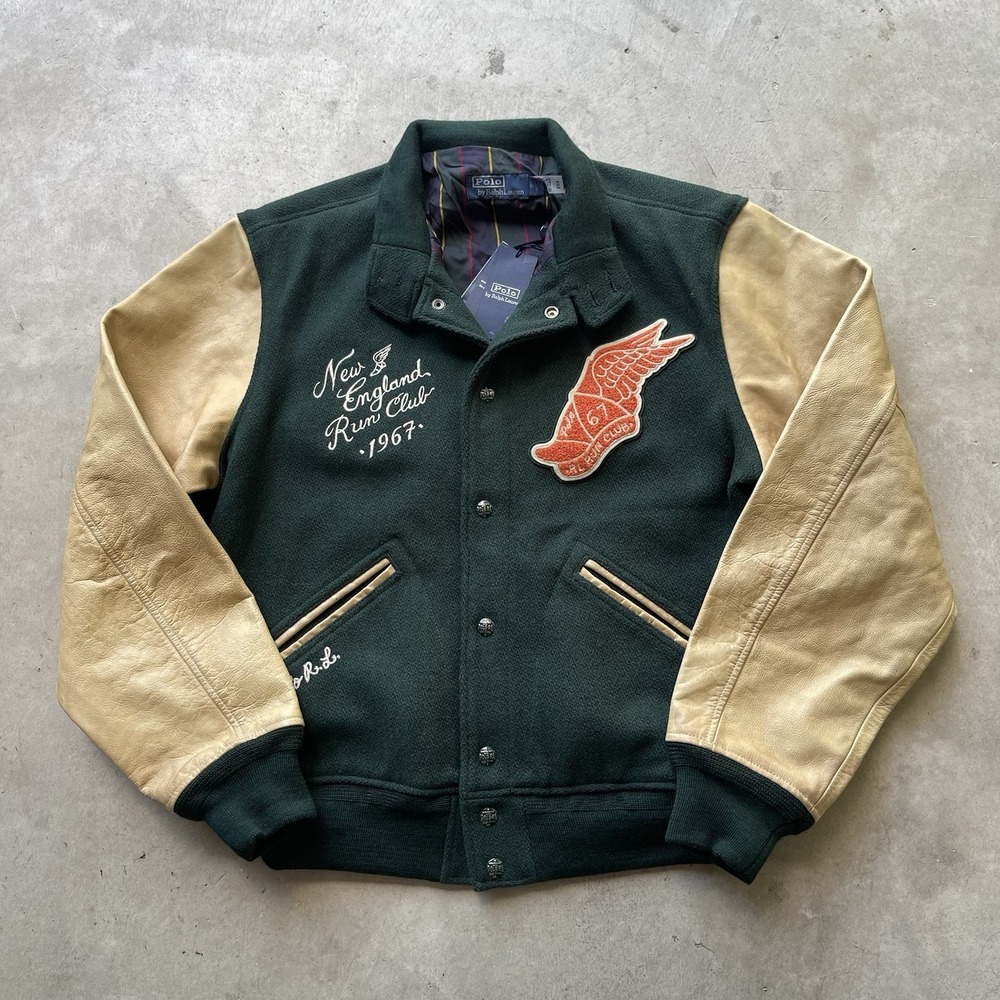 NWT Polo Ralph Lauren Men Colorblock Varsity Leather Jacket New England M - Picture 1 of 7